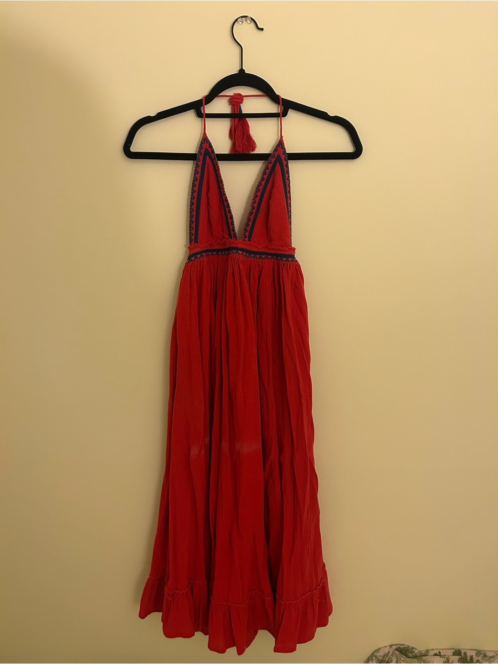 Free People Red Spaghetti-Strap Maxi Dress with Embroidered Trim